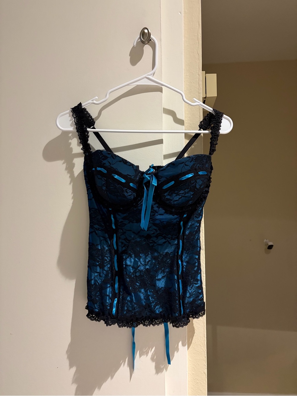 Frederick's of Hollywood vintage Blue and Black corset bustier Top